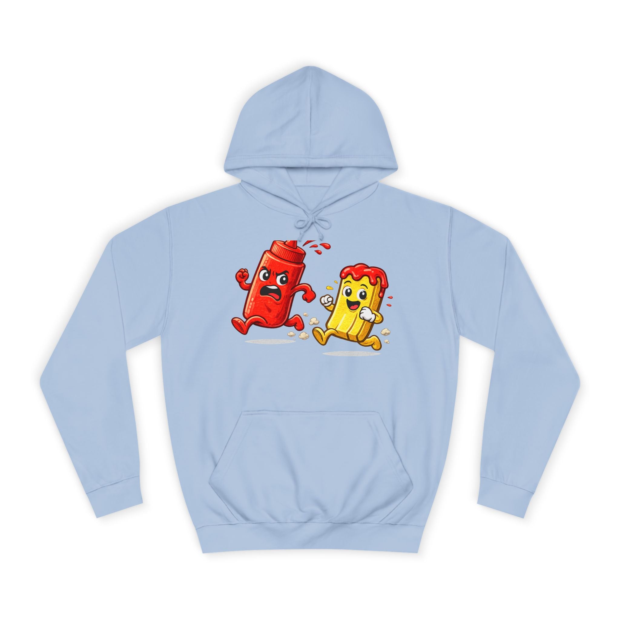 Ketchup & Fry Running Cartoon Hoodie — Funny Condiment Couple Sweatshirt