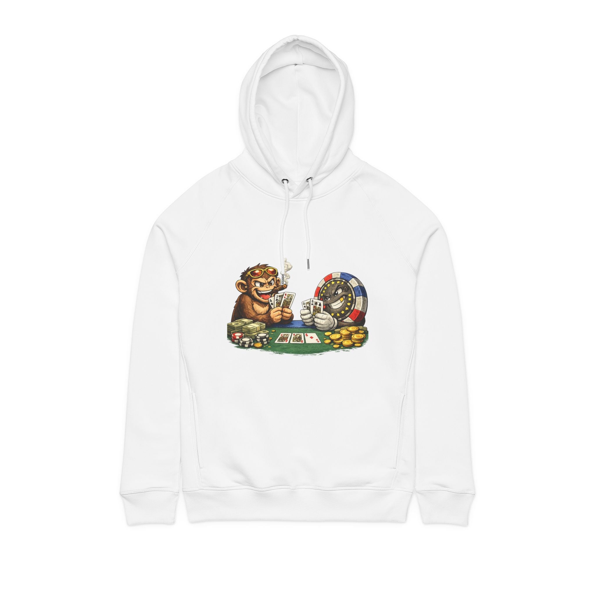 Poker Chip & Degen Monkey Hoodie — Casino Chips & Cards Graphic Pullover