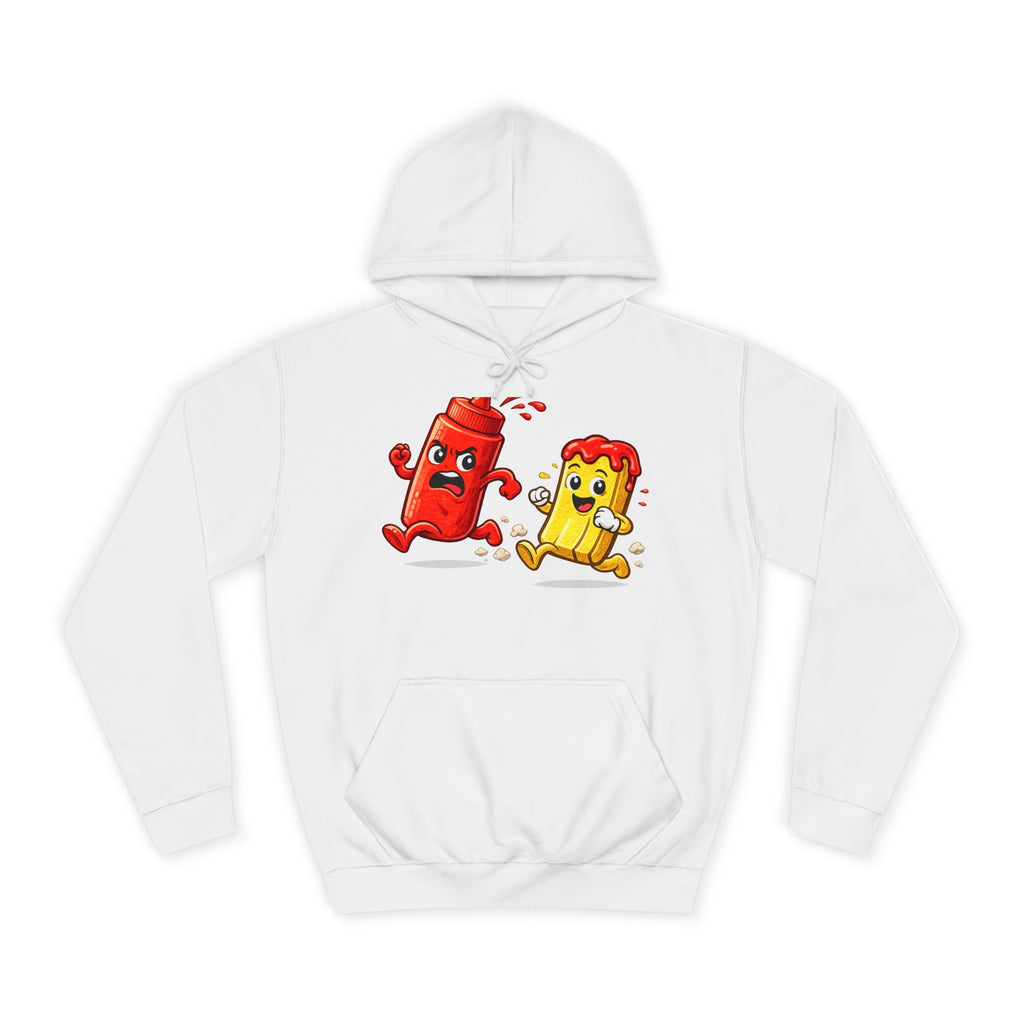 Ketchup & Fry Running Cartoon Hoodie — Funny Condiment Couple Sweatshirt