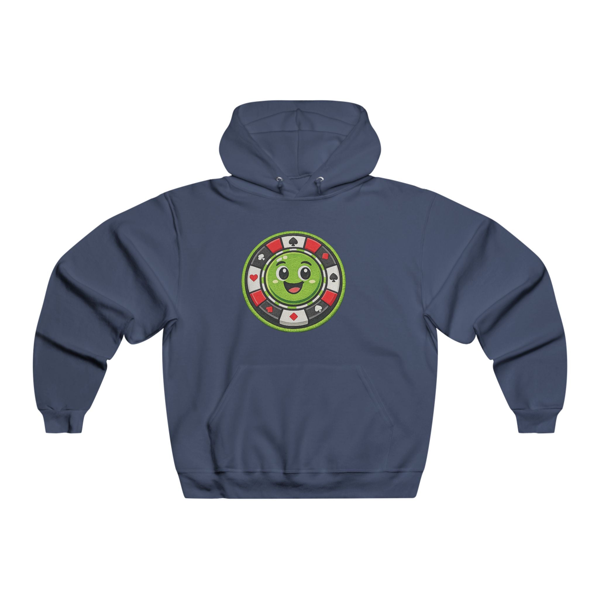 Cute Casino Chip Hoodie — Smiling Green Poker Chip Graphic Sweatshirt