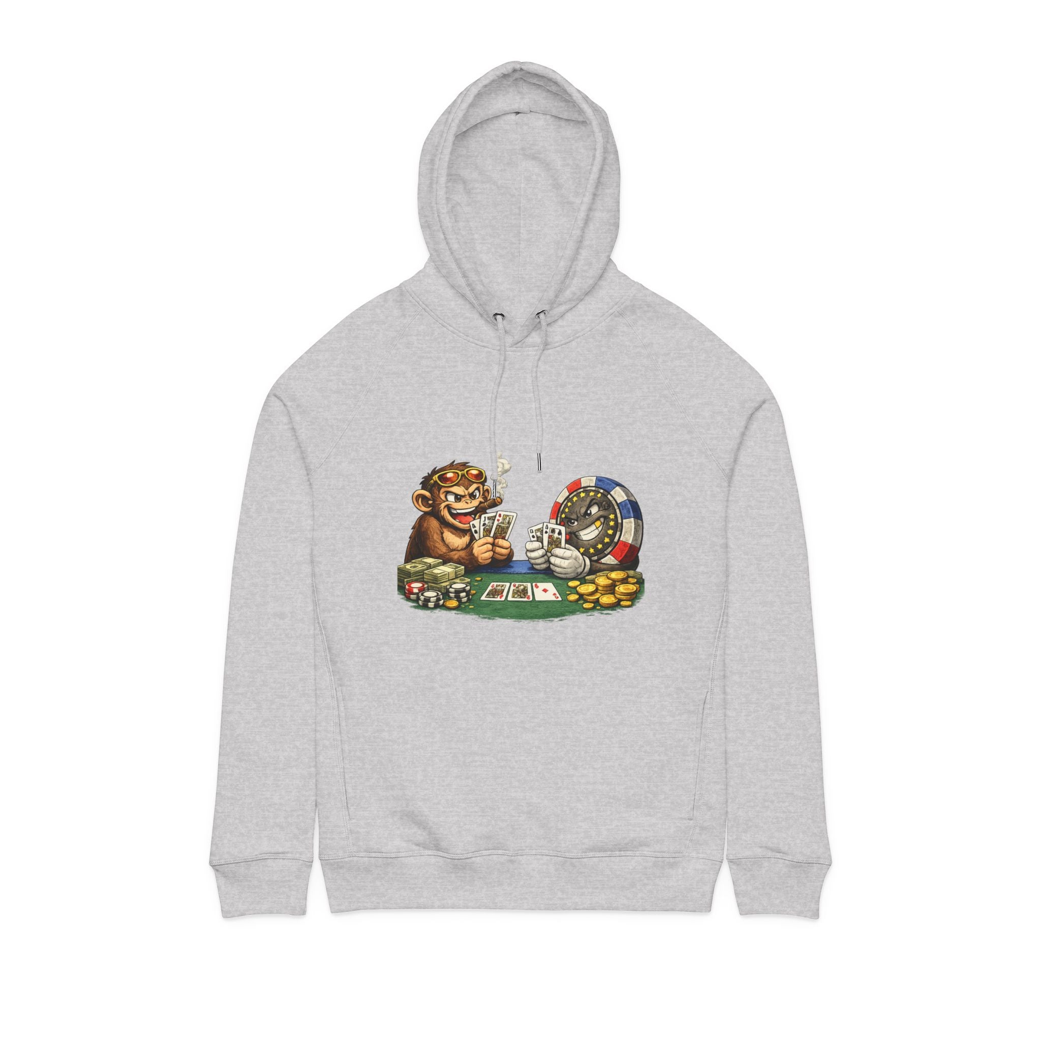 Poker Chip & Degen Monkey Hoodie — Casino Chips & Cards Graphic Pullover