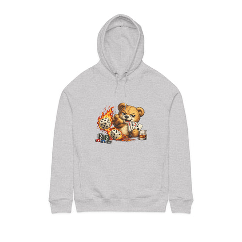 Bear Playing Cards Hoodie — Cute Poker Teddy with Flames & Dice