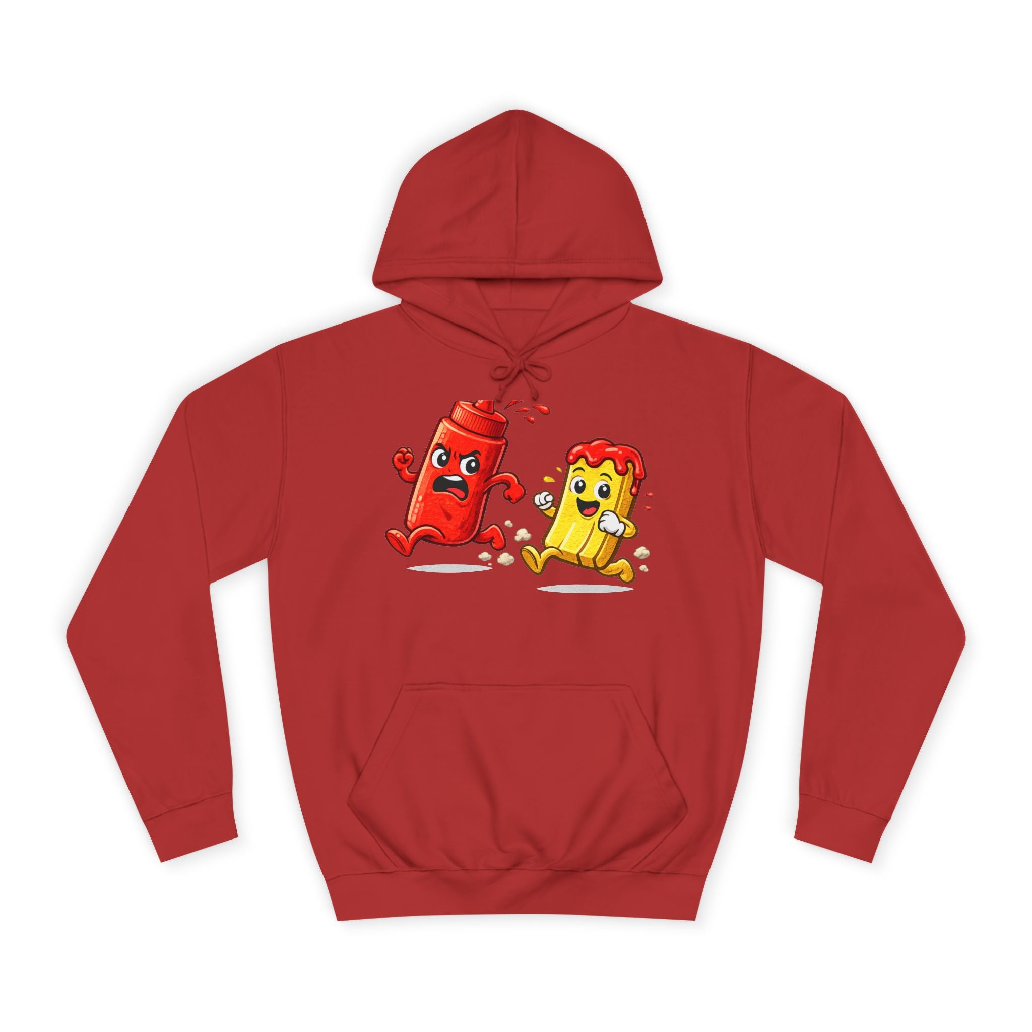 Ketchup & Fry Running Cartoon Hoodie — Funny Condiment Couple Sweatshirt