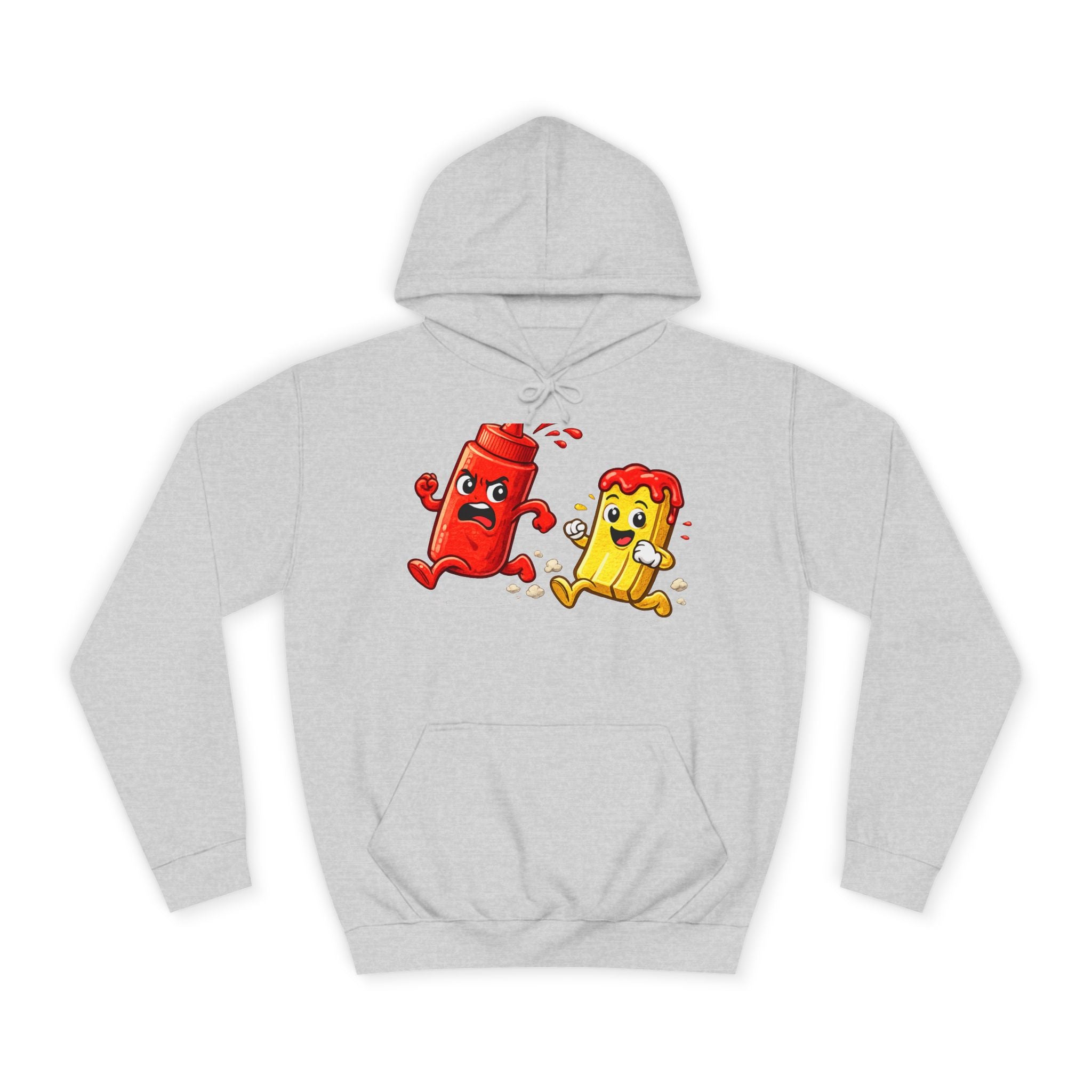 Ketchup & Fry Running Cartoon Hoodie — Funny Condiment Couple Sweatshirt