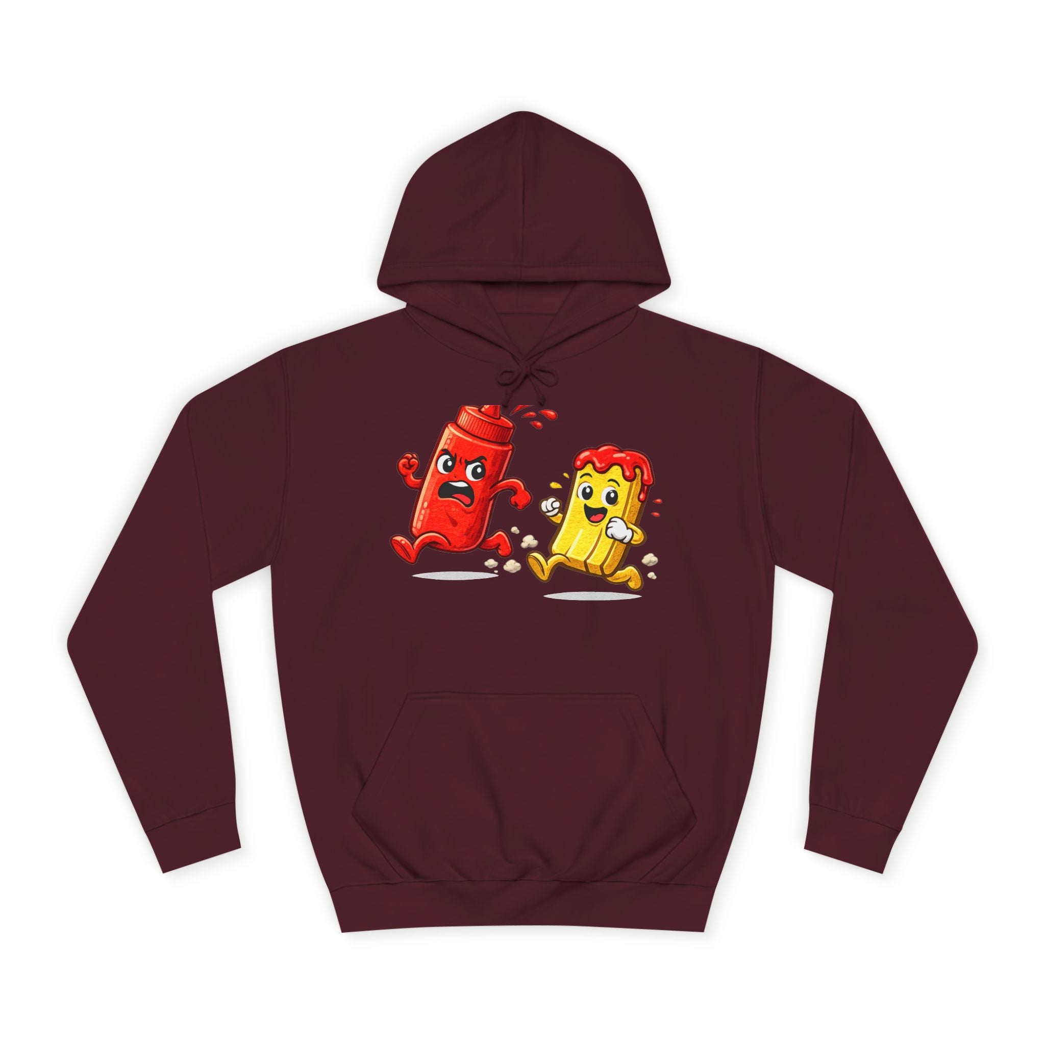 Ketchup & Fry Running Cartoon Hoodie — Funny Condiment Couple Sweatshirt