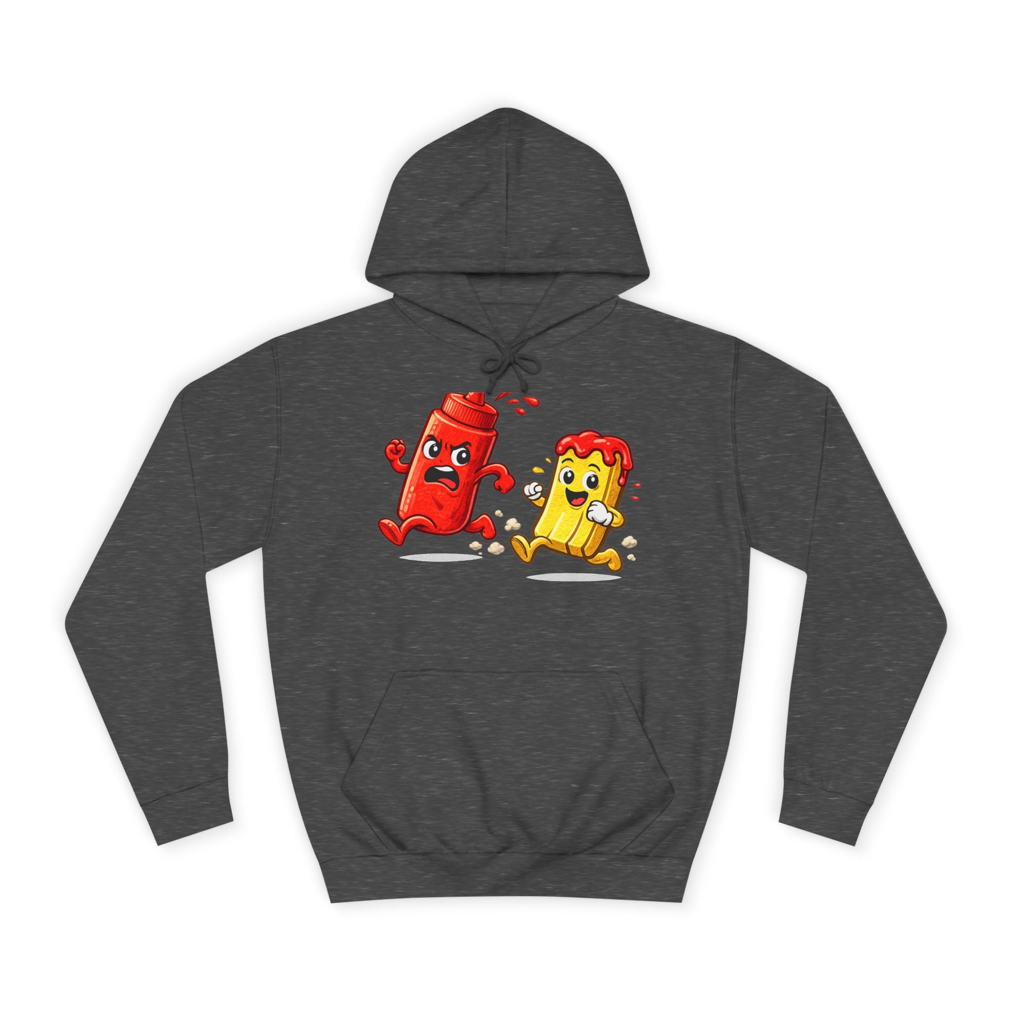 Ketchup & Fry Running Cartoon Hoodie — Funny Condiment Couple Sweatshirt