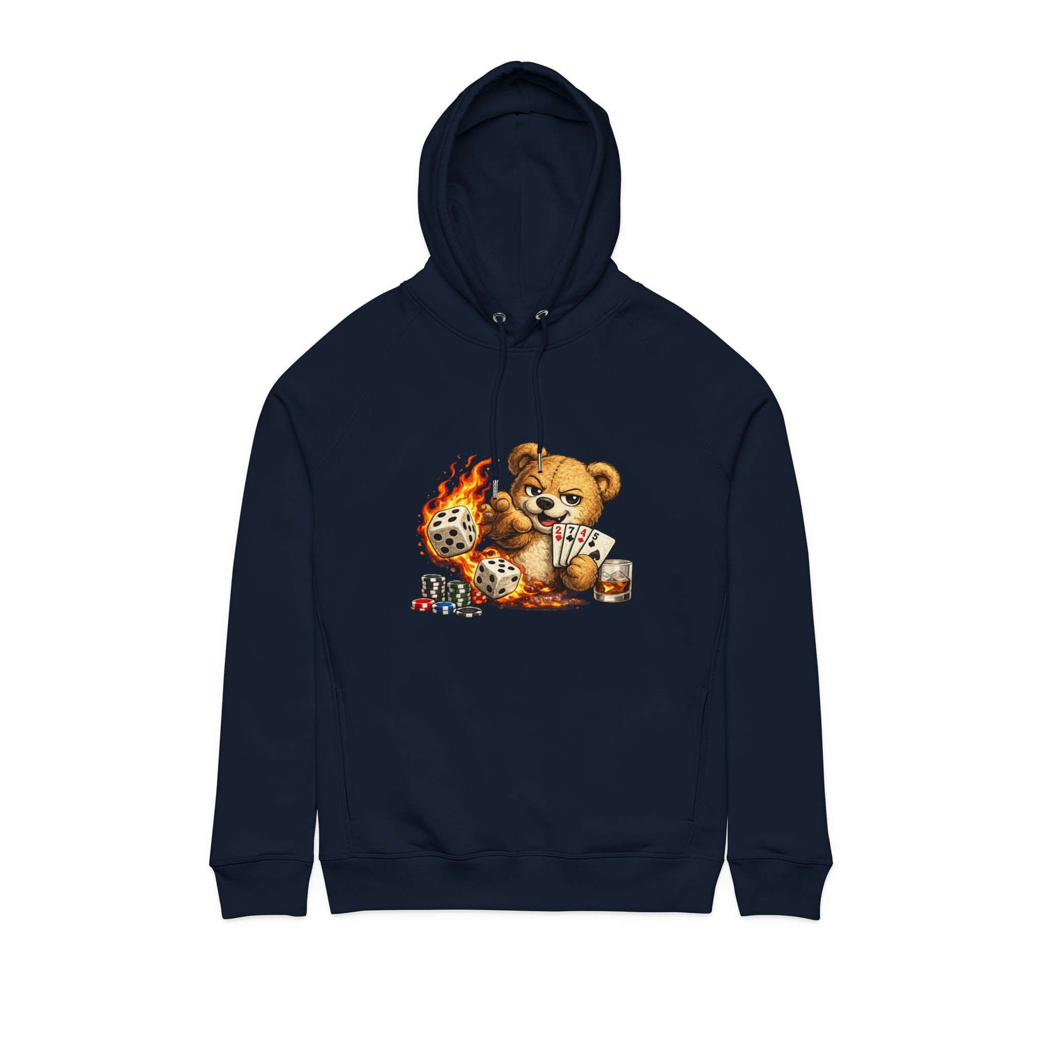 Bear Playing Cards Hoodie — Cute Poker Teddy with Flames & Dice