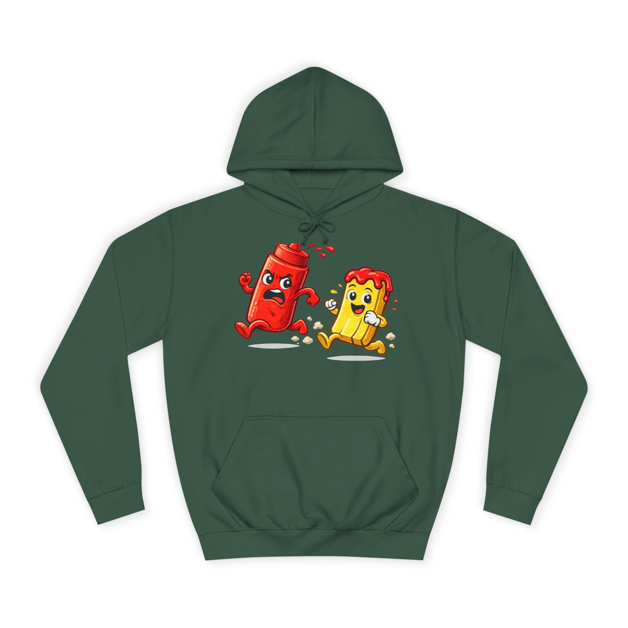 Ketchup & Fry Running Cartoon Hoodie — Funny Condiment Couple Sweatshirt