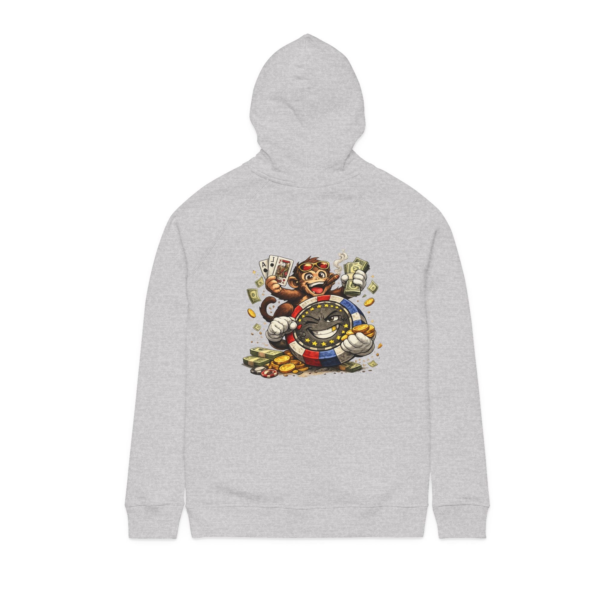 Poker Chip & Degen Monkey Hoodie — Casino Chips & Cards Graphic Pullover