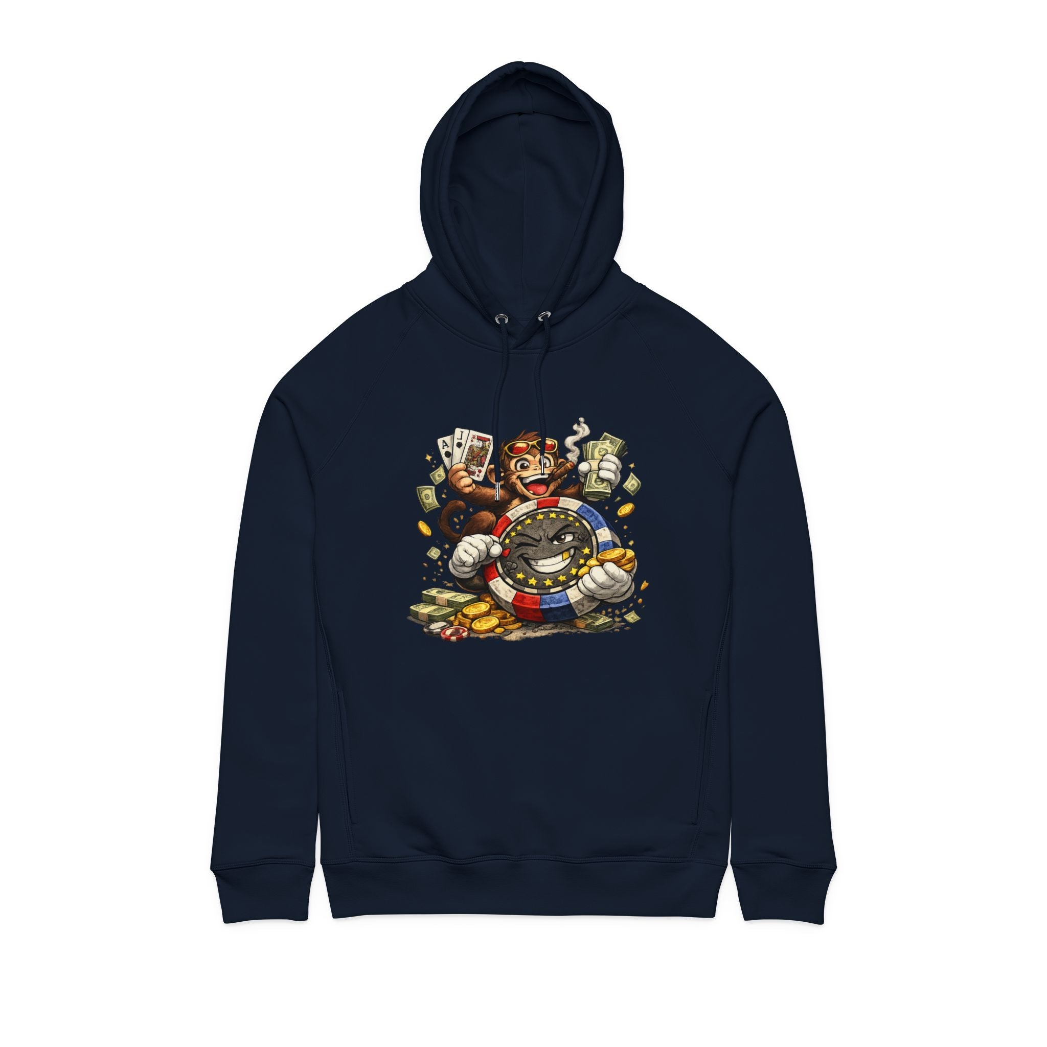 Casino Monkey Hoodie — Poker Chips, Cards & Cash Graphic Pullover