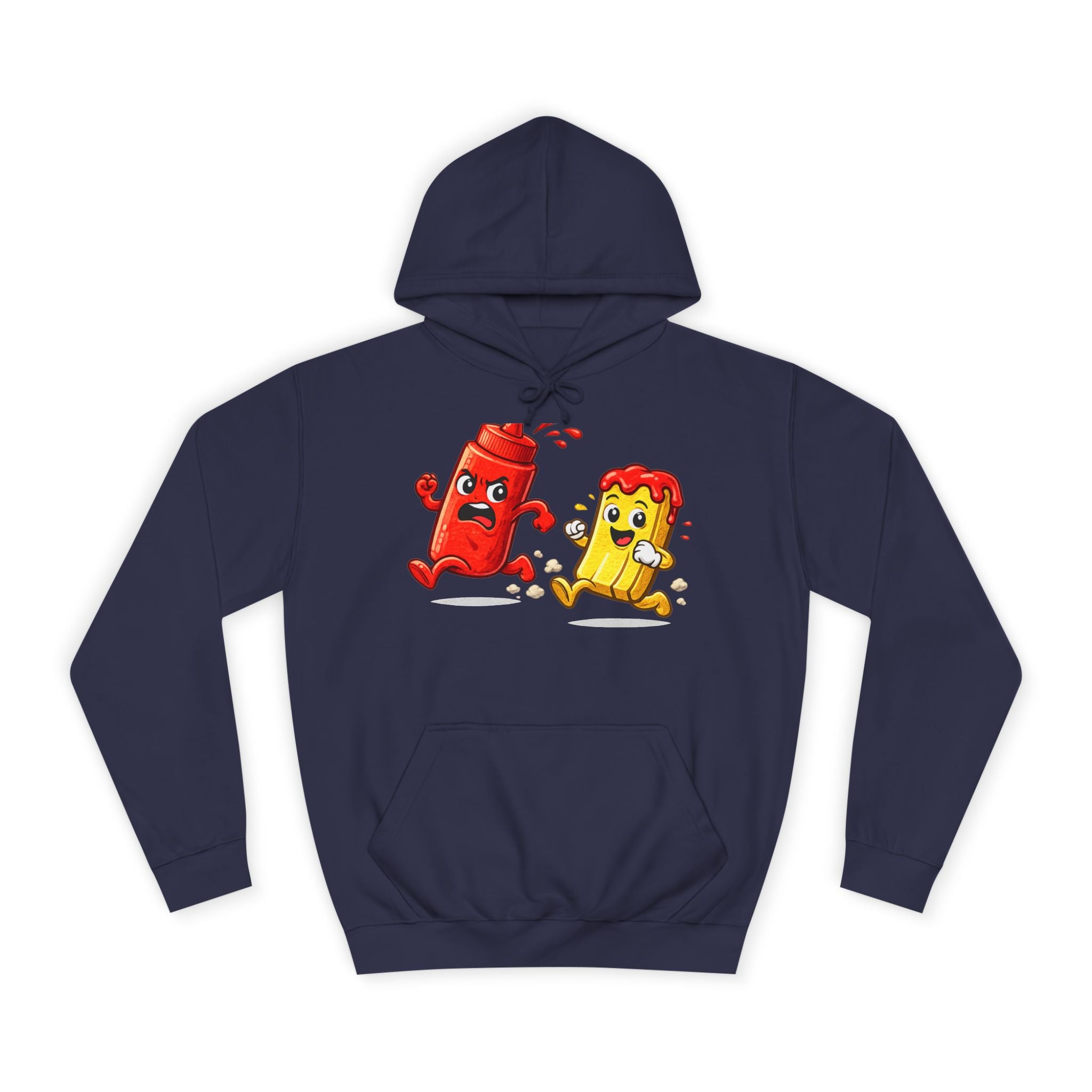 Ketchup & Fry Running Cartoon Hoodie — Funny Condiment Couple Sweatshirt