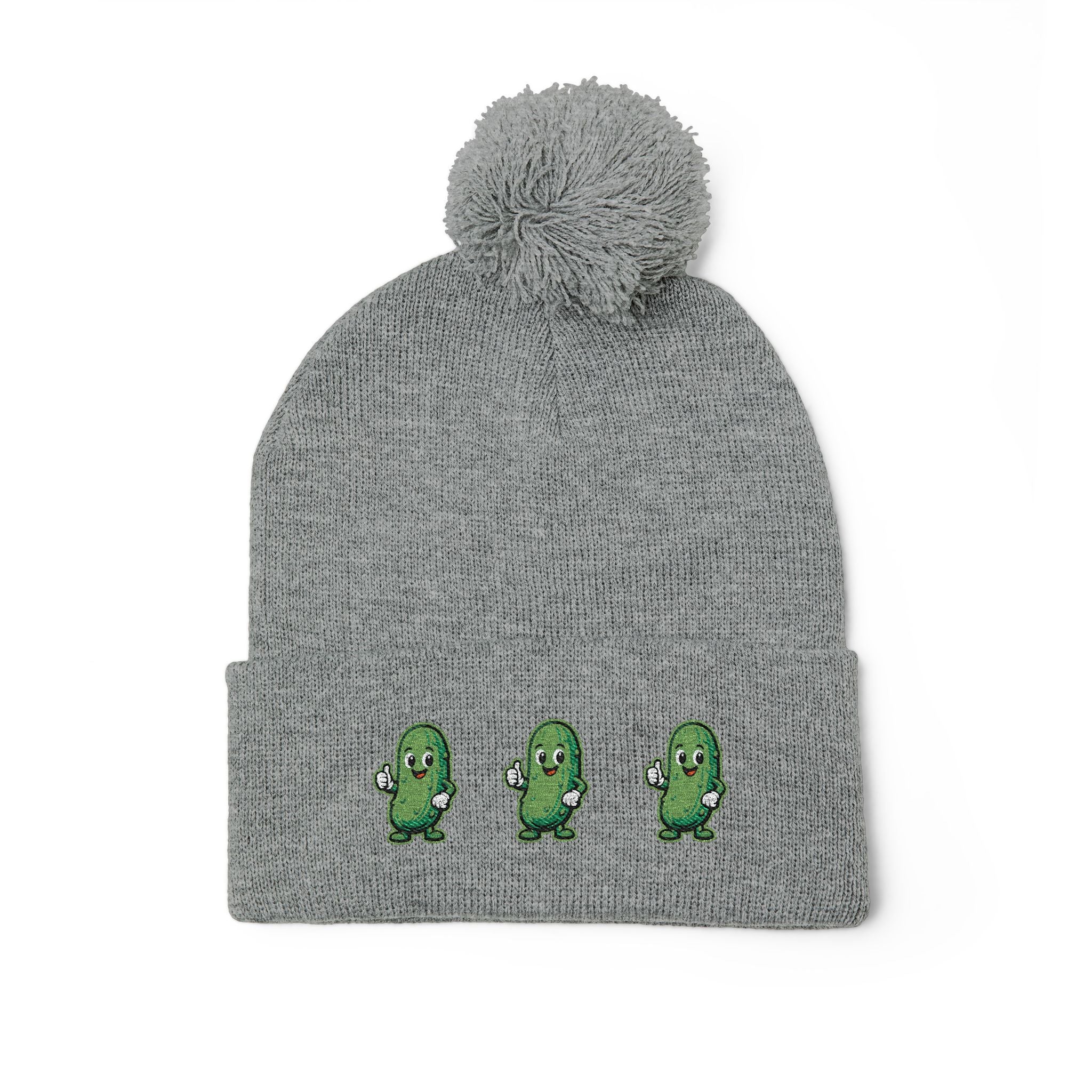 Pickle Pom-Pom Knit Cap — Cute Embroidered Dancing Pickles Winter Beanie