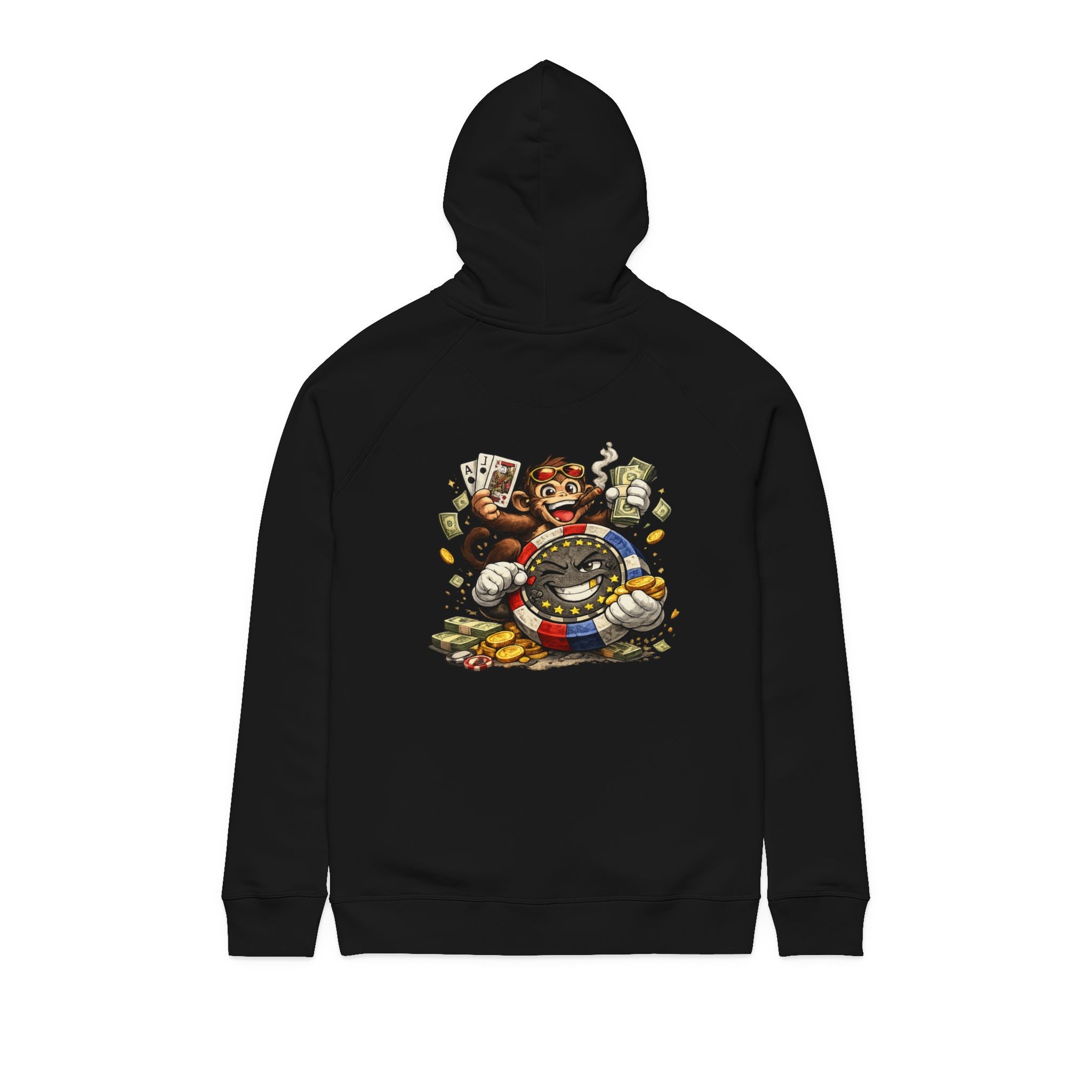 Poker Chip & Degen Monkey Hoodie — Casino Chips & Cards Graphic Pullover
