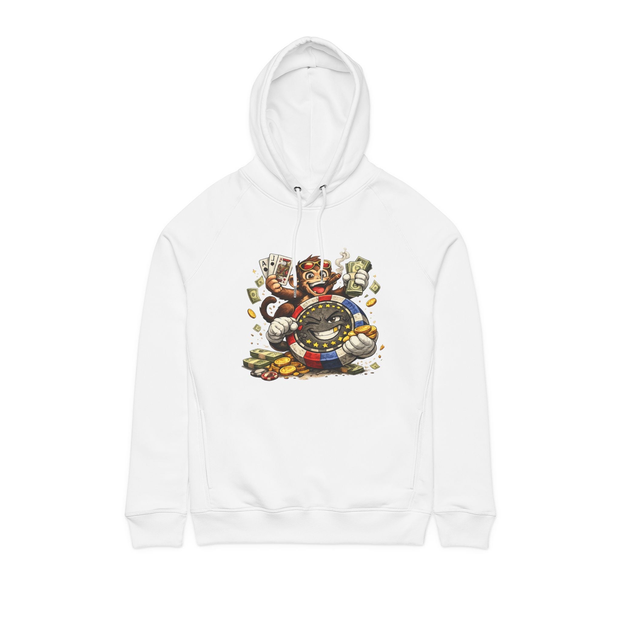 Casino Monkey Hoodie — Poker Chips, Cards & Cash Graphic Pullover