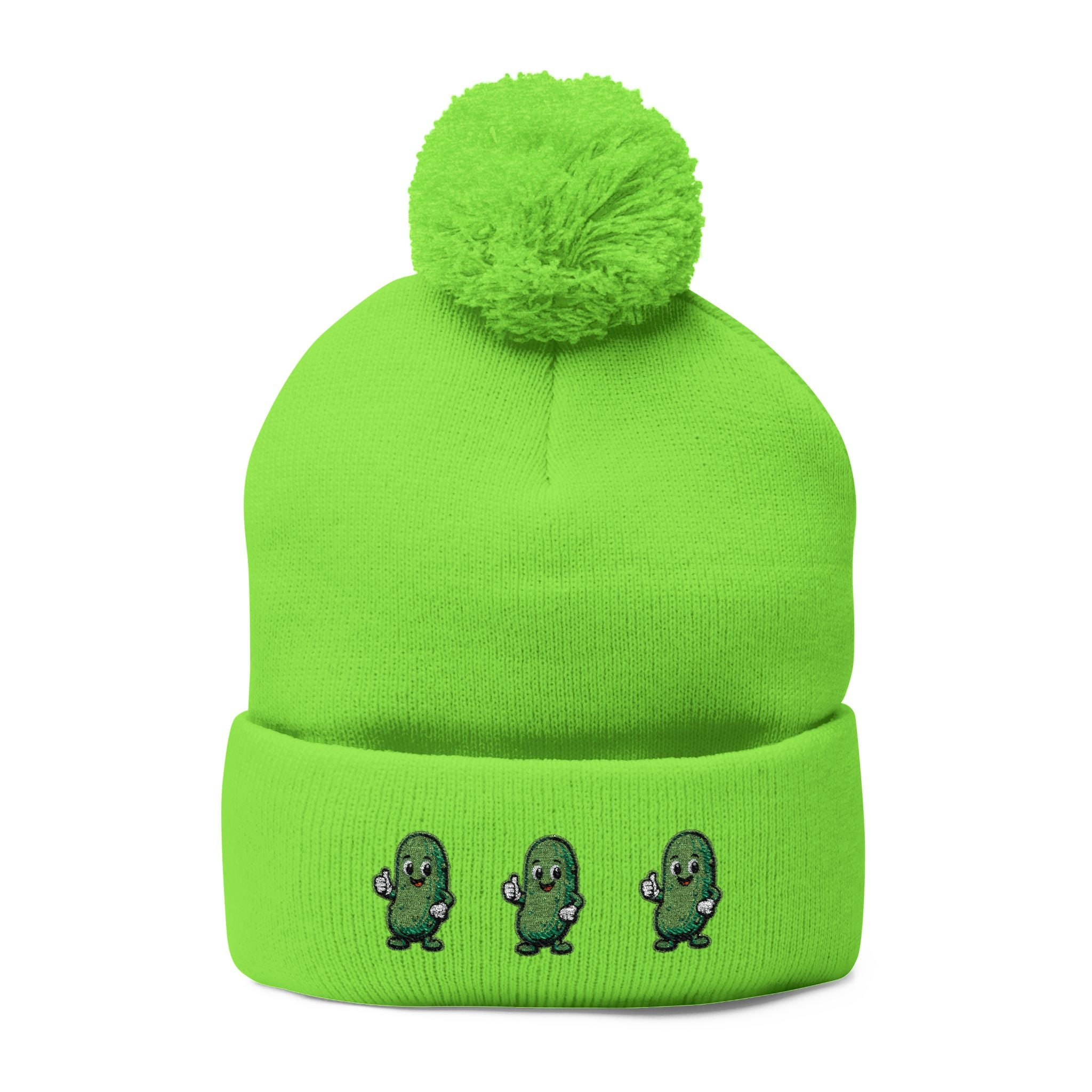 Pickle Pom-Pom Knit Cap — Cute Embroidered Dancing Pickles Winter Beanie